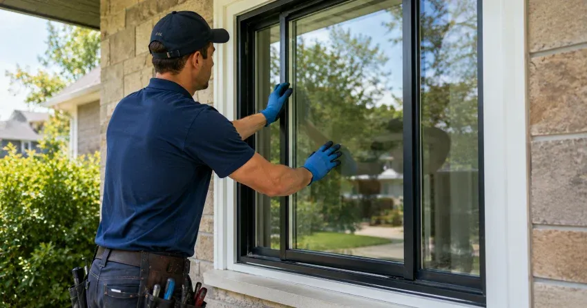 technician measuring a broken window pane for replacement in Stewarttown, Georgetown