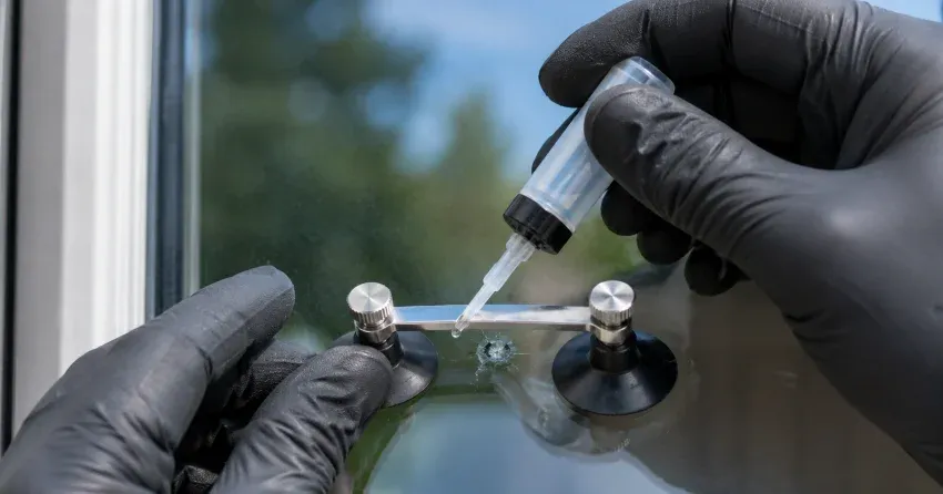 technician performing chipped glass repair on a window in Georgetown