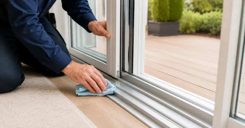 technician inspecting a sliding patio door track in Arbor Glen, Georgetown