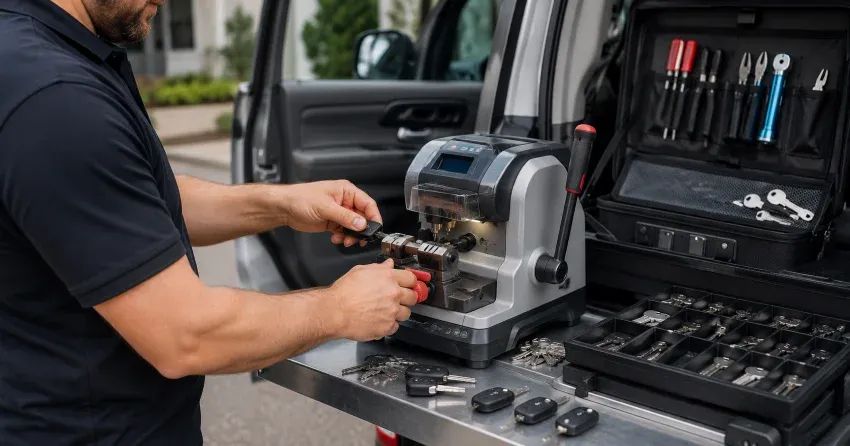 technician cutting a replacement car door lock key in Limehouse, Georgetown