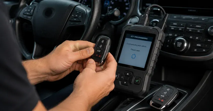 technician inspecting a worn car key before replacement in Stewart Maclaren, Georgetown