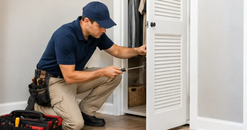 technician repairing doorbell button and wiring in Stewart Maclaren, Georgetown