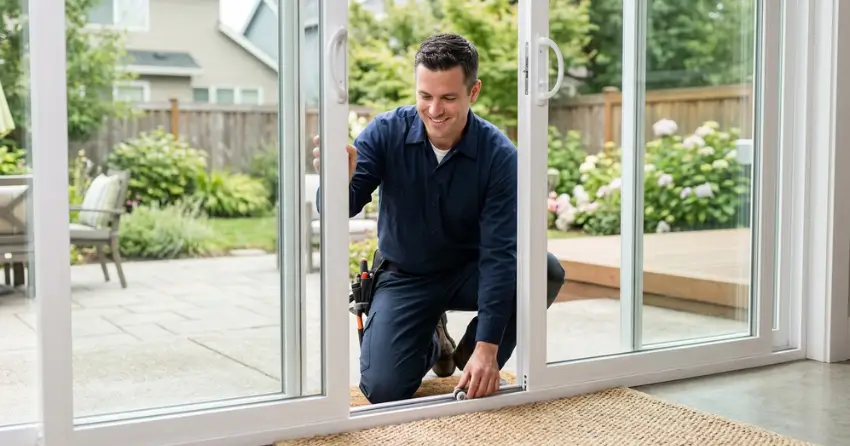 technician diagnosing a sticking patio door in Hornby, Georgetown