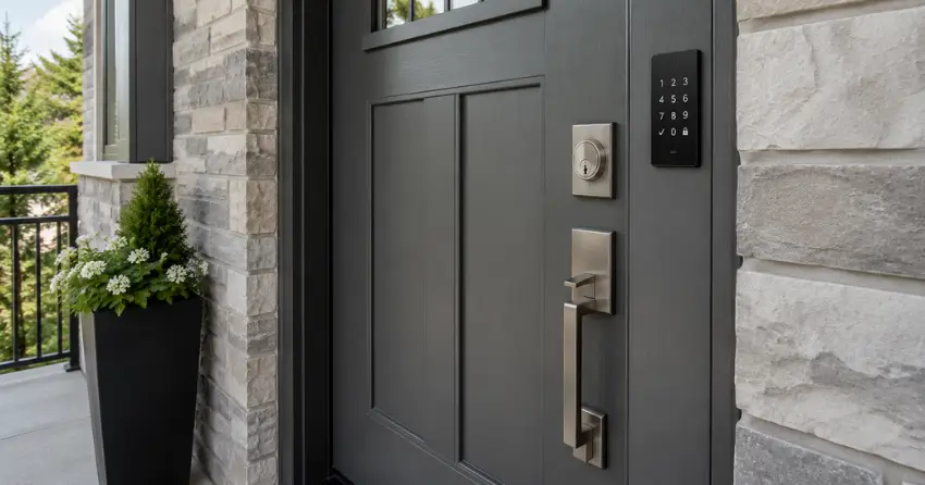 High-security door hardware and access control keypad installed on a residential entry door in Georgetown