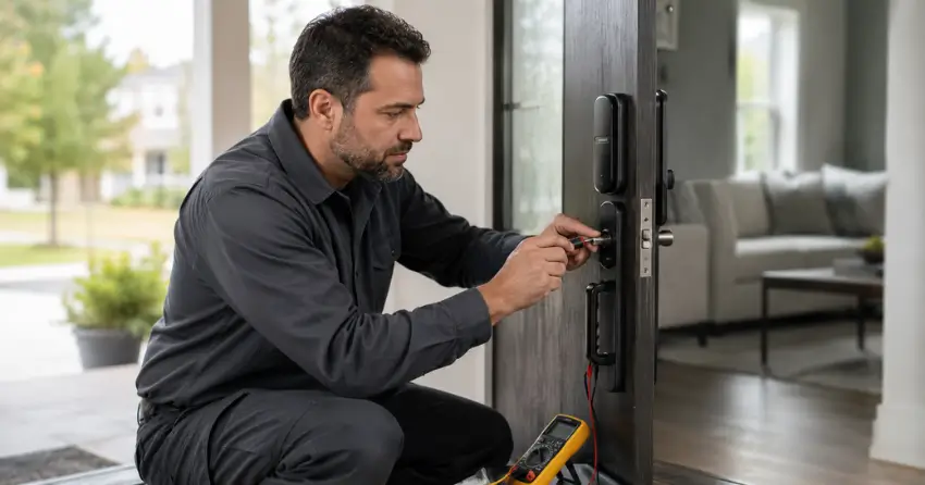 technician diagnosing automatic door lock mechanism on residential door in Silver Creek Estates, Georgetown