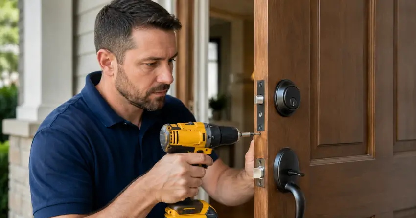 technician installing a new deadbolt during Change Door Lock Henderson