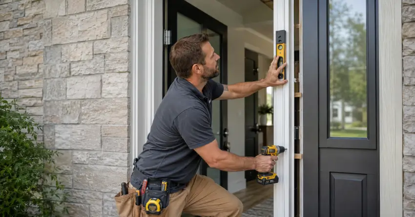 technician installing a new exterior door frame in Georgetown