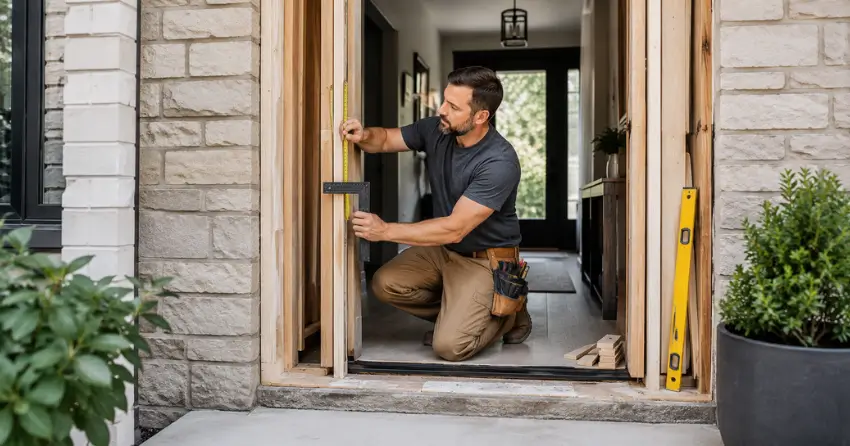 exterior door installer assessing rough opening in Arbor Glen, Georgetown