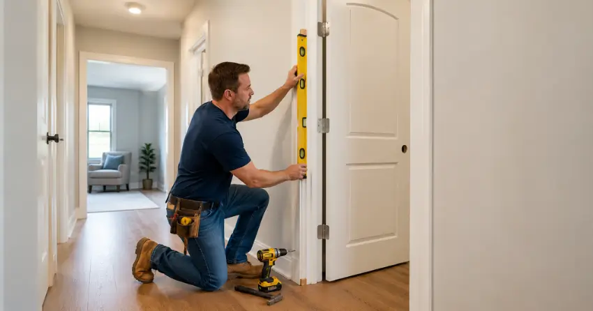 technician installing a pre-hung interior door in a home hallway Moore Park, Georgetown