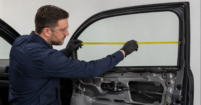 technician measuring door glass opening for replacement in Georgetown