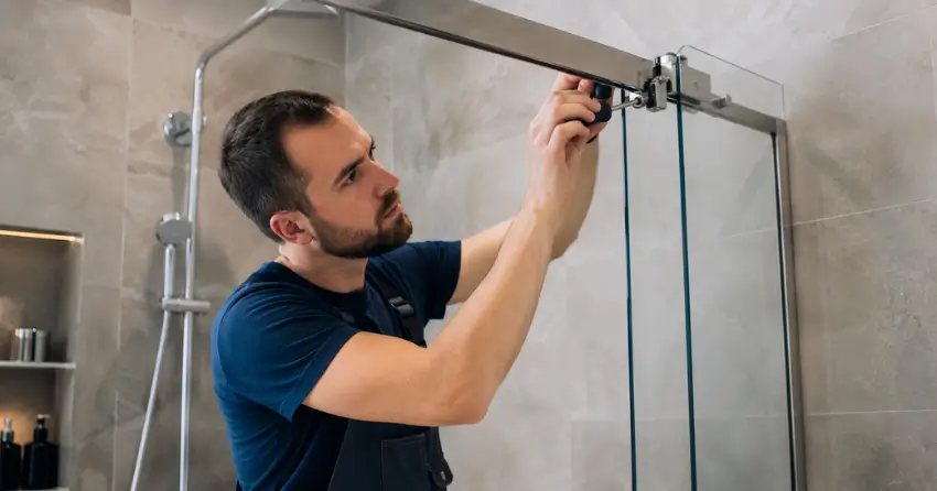 technician adjusting shower door hinge and track in Ballinafad, Georgetown