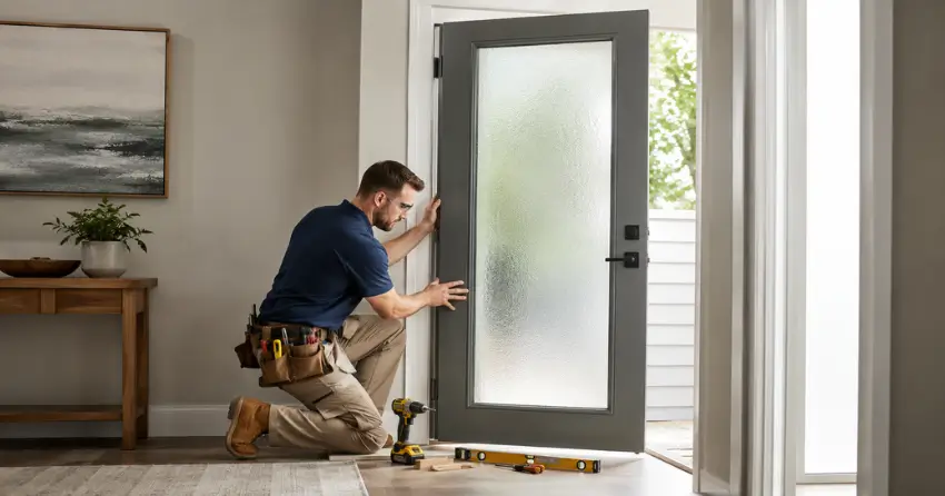 glass panel door installation with frosted privacy glass in residential setting in Crewsons Corners, Georgetown