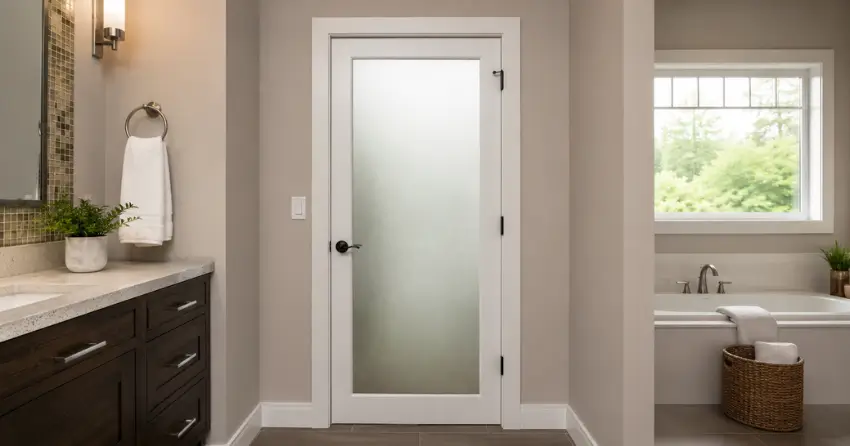 frosted glass panel bathroom door installed in a Georgetown home