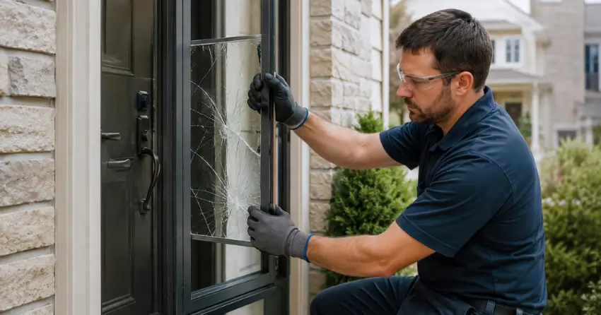 technician removing cracked storm door glass panel in Limehouse, Georgetown