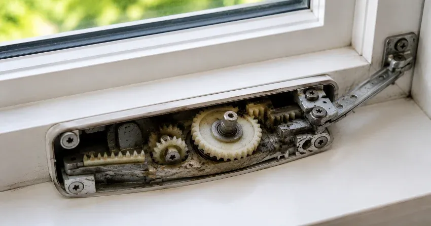 technician replacing casement window crank operator in Trafalgar Country, Georgetown home