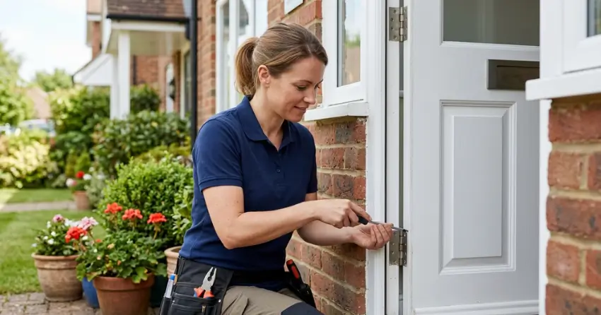 technician repairing exterior door hinge and frame in Norval, Georgetown