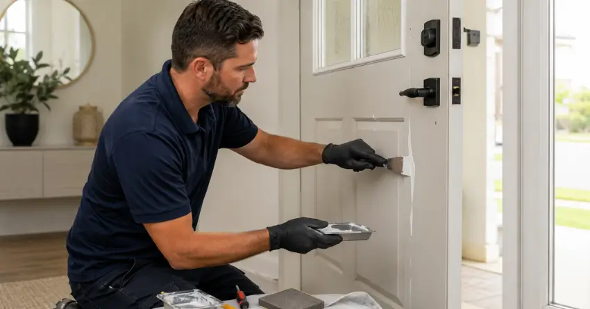 technician repairing fiberglass door surface crack in Park Area, Georgetown