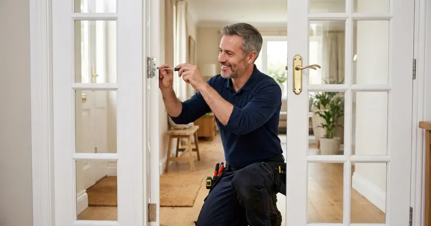 technician adjusting French door hinge for proper alignment in Terra Cotta, Georgetown