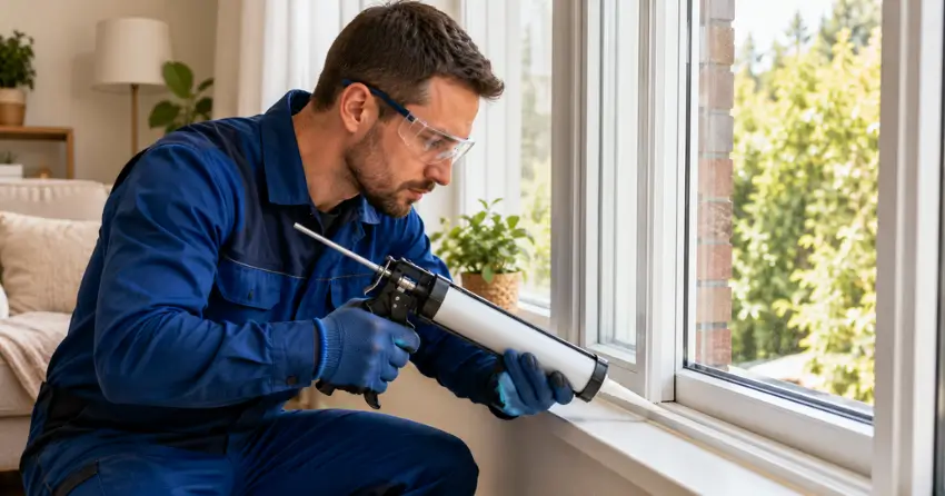 technician repairing window seal and frame in Henderson