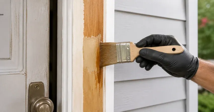 technician probing rotted wood on a door frame in Ashgrove, Georgetown
