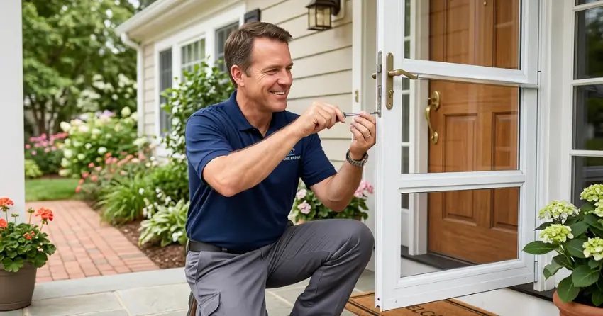technician adjusting storm door hinge and closer in Hornby, Georgetown