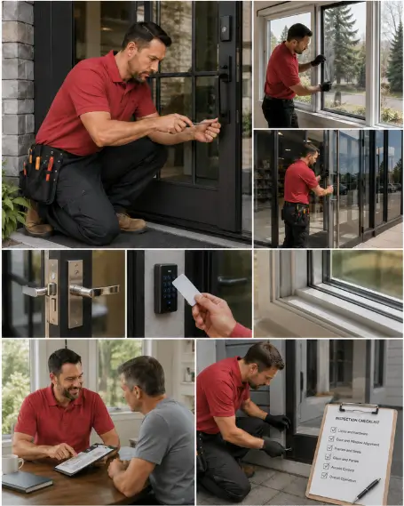 A technician replacing a failed sealed glazing unit in a window frame